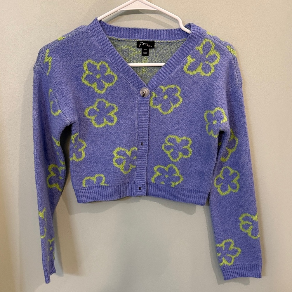 art class Floral purple and green cropped cardigan Sweater size 8